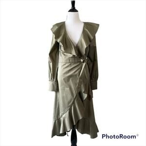 Autograph Wrap Dress Statement Collar Long Sleeve Ruffle UK Sz 6 Olive High Low